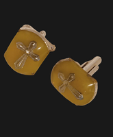 UNIQUE MEN'S CUFFLINKS, "THE CRUSADER" EXPERTLY HANDMADE FROM DOMINICAN AMBER EMBEDDED WITH A STAINLESS STEEL CROSS. A WONDERFUL ACCESSORY FOR A RELIGIOUS OCCASION OR FORMAL AFFAIR.  
 Creatively handcrafted by Dominican artist Aramis Ciriaco. Using his t