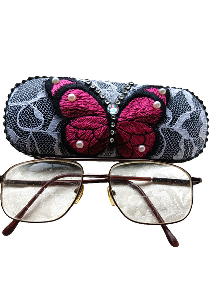 Woman's handmade fashion  eyeglass case"FUSCHIA BUTTERFLY"/ adorned with rhinestones and gemstone/evening wear/eye care/ health & beauty/ONLY 1