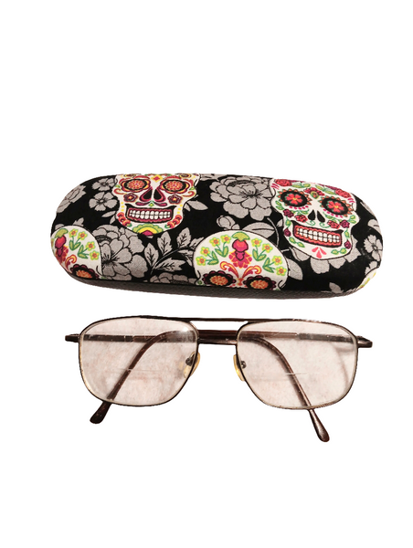Unisex handmade hard eyeglass case "MIDNIGHT SKULLS" eerie design/vision accessory/metallic image/