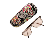 Unisex handmade hard eyeglass case "MIDNIGHT SKULLS" eerie design/vision accessory/metallic image/