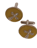 UNIQUE MEN'S CUFFLINKS, "THE CRUSADER" EXPERTLY HANDMADE FROM DOMINICAN AMBER EMBEDDED WITH A STAINLESS STEEL CROSS. A WONDERFUL ACCESSORY FOR A RELIGIOUS OCCASION OR FORMAL AFFAIR.  
 Creatively handcrafted by Dominican artist Aramis Ciriaco. Using his t