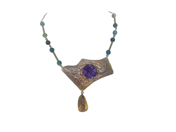Woman's copper bib necklace "TROPICAL PASSION"/ handcrafted: AMBER,COPPER, AMETHYST/ONLY 1