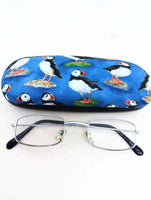 Unisex handmade eyeglass case "THE PUFFINS" hard, sturdy case/ accessory case/ bag or purse item/ vision accessory/ terrific design