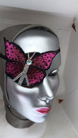 Woman's handmade fashion eye patch "FUSCHIA BUTTERFLY"/ adorned with rhinestones and gemstone/evening wear/eye care/ health & beauty/ONLY 1