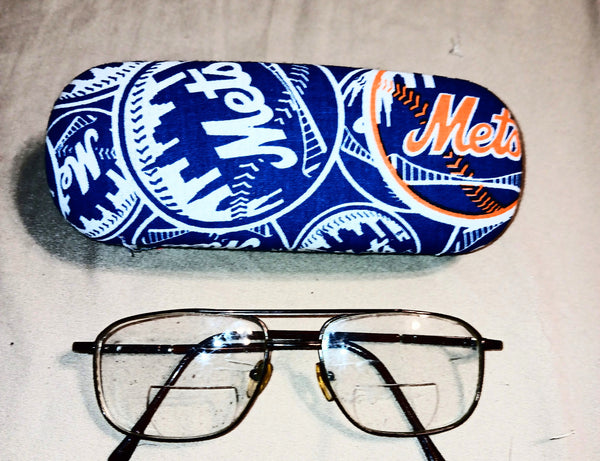 Adult unisex hard eyeglass case, N.Y. METS theme, handmade, vision accessory, carryall or purse item, vision gift item,