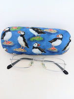 Unisex handmade eyeglass case "THE PUFFINS" hard, sturdy case/ accessory case/ bag or purse item/ vision accessory/ terrific design