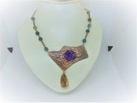 Woman's copper bib necklace "TROPICAL PASSION"/ handcrafted: AMBER,COPPER, AMETHYST/ONLY 1