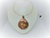 Woman's pendant necklace "SHALIMAR"/ handcrafted; copper, amber/designer styling/ ONLY 1